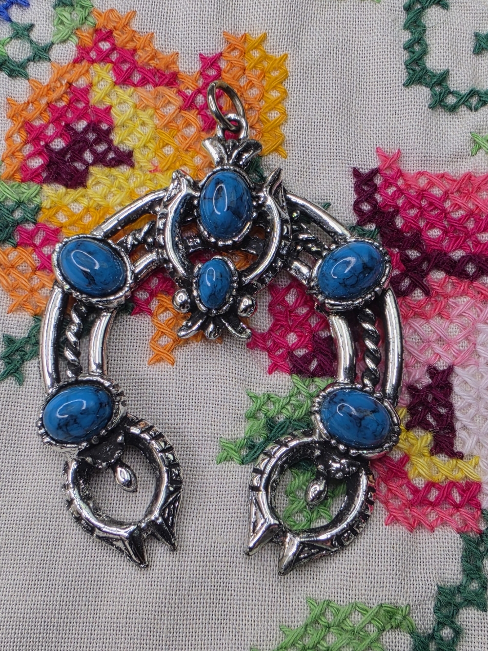 Vintage Western Squash Blossom Silver-Tone Turquoise Lucite Pendant
